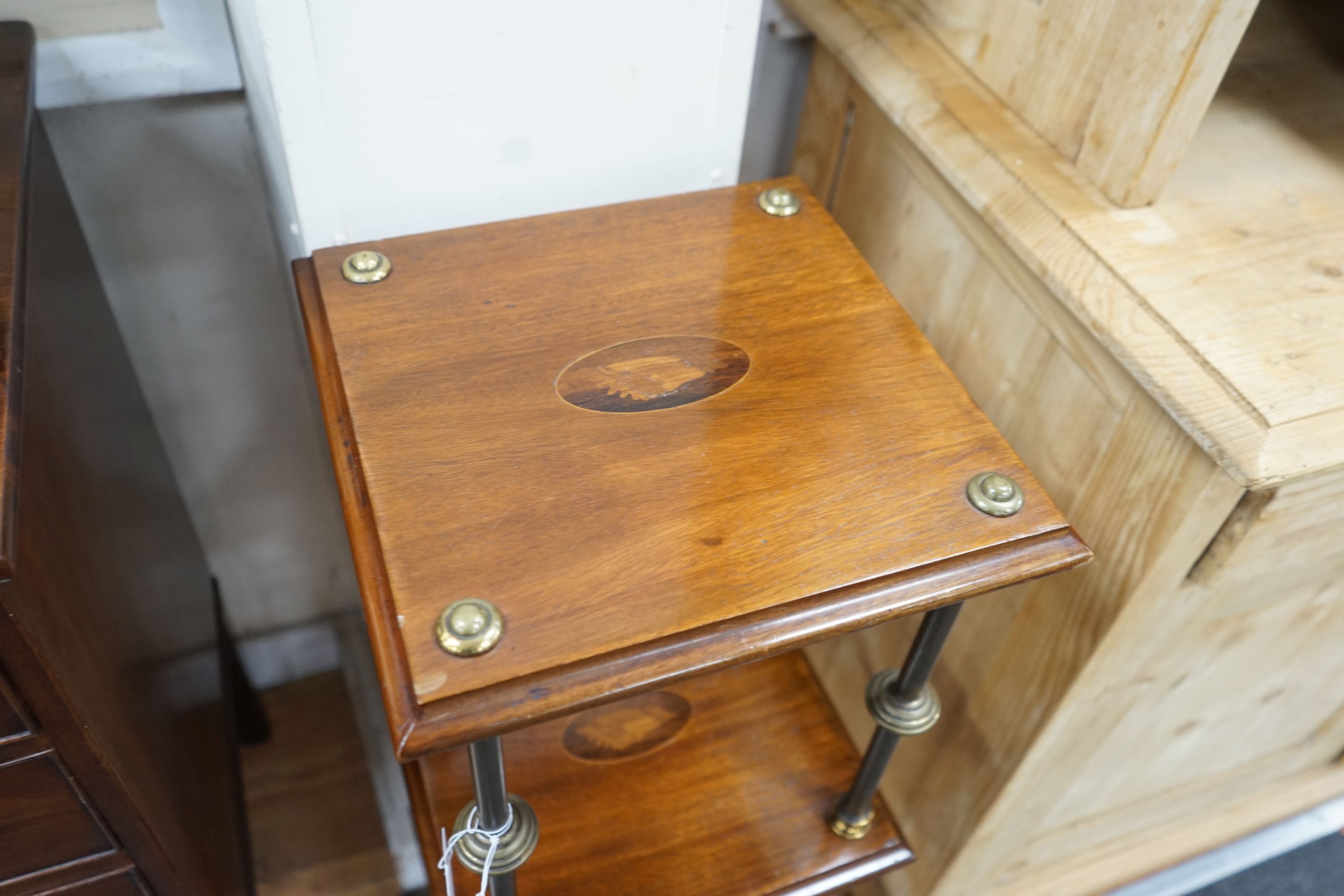 An Edwardian style brass mounted inlaid mahogany three tier whatnot, width 32cm, depth 31cm, height 89cm